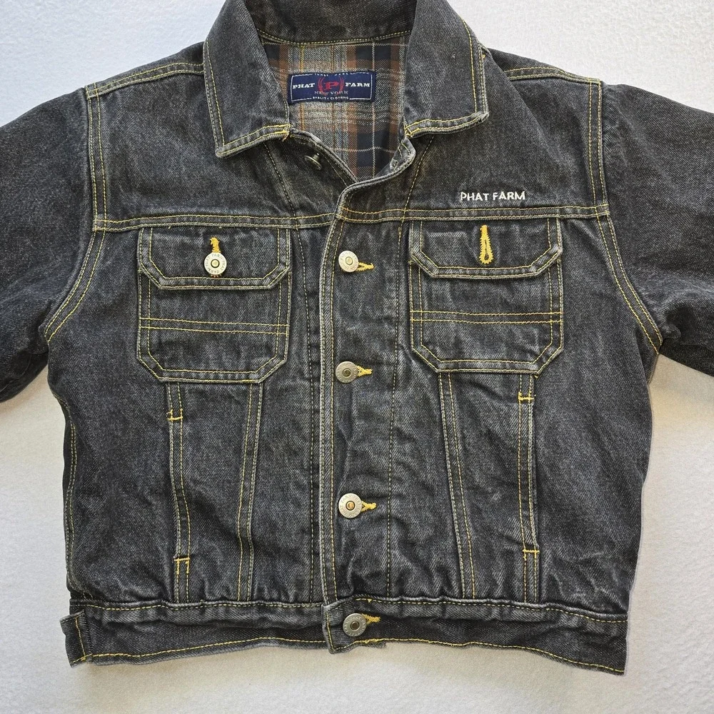Vintage Phat Farm Kids Denim Jacket Size 7 Y2K Black Plaid Lined Bull Streetwear